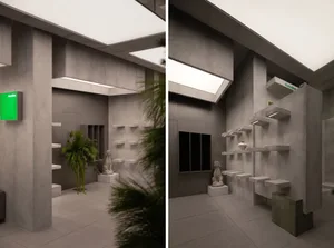 Modern commercial interior design featuring concrete walls, shelves, and sculptures.
