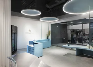Modern interior design featuring blue concrete surfaces.