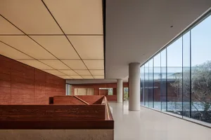 Modern lobby featuring glass and concrete materials