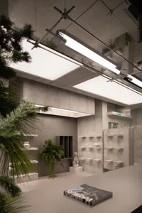 Industrial retail space with concrete walls and minimalist design
