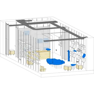 Modern retail storefront featuring wood, glass, and metal materials with blue accents.