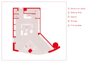 2D architectural drawing of a retail store with urban interior design features.