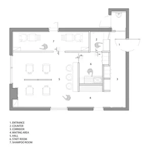 Floor plan of a spa interior with natural lighting and minimalist design elements