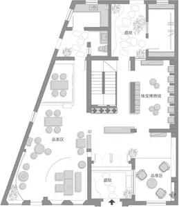 A detailed indoor space layout with designated areas such as a品茶区, 珠宝博物馆, and庭院.