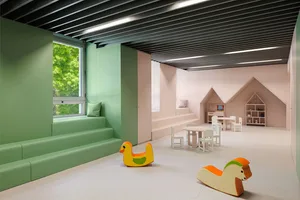 A minimalist playroom with wooden furniture, foam seating, and metal accents.