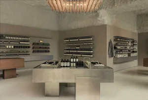 Modern retail storefront with concrete interior features, showcasing contemporary design elements.