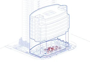 一張詳細的建築藍圖，描繪建築物的立面。