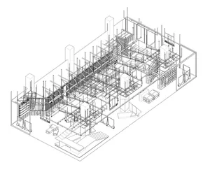 3D blueprint of a construction site with scaffolding and steel beams