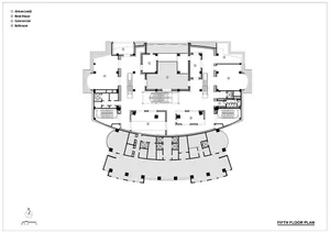 Black and white architectural floor plan of an industrial-style office space.