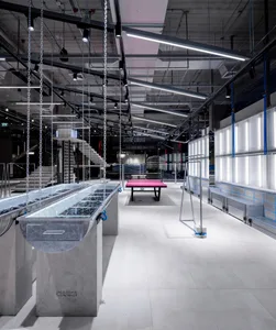A modern retail space featuring concrete finishes and minimalist design.