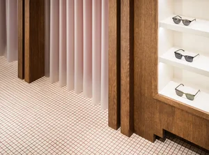 Modern retail store with wooden interiors and plastic curtains