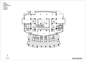A detailed sixth floor architectural plan showing various rooms and spaces in a building.