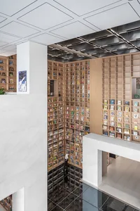 Modern library space featuring glass walls, marble columns, and wooden shelves filled with books.