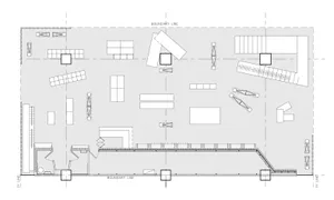 A detailed architectural floor plan showing the layout of an interior design project, including boundaries, structural lines,