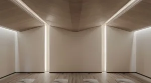 一間以木質元素打造的極簡瑜伽室。