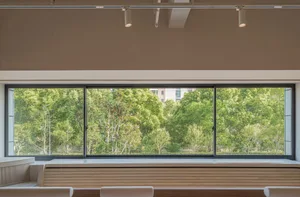 A modern window scene featuring a wooden frame with a view of lush greenery outside.