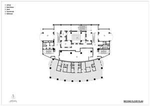 一張詳細的2D建築圖，展示商業大樓二樓的平面配置，包含各種功能