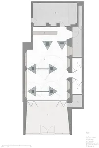 Schematic layout of a modern interior space with glass features.