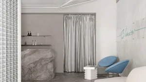 Modern spa interior with glass block walls and marble accents
