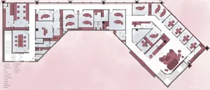 A detailed office space layout plan showing various rooms and areas.