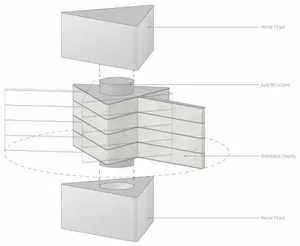 A rotating signage system composed of a central cylindrical axis structure surrounded by layered, mirrored panels.