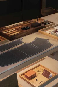 A cutting board with fabric pieces and sewing tools on a wooden table.