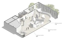 An architectural plan of a modern garden space featuring concrete and marble materials.