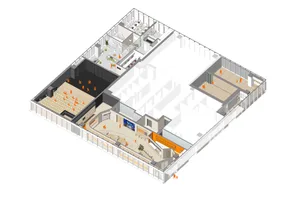 A modern office space with concrete and glass materials.