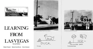 Photographic image of a commercial building resembling a duck on a highway with Esso gas station and other roadside elements.