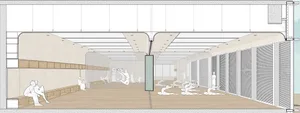An architectural rendering of a dance studio with wooden floors, glass walls, and metallic elements.