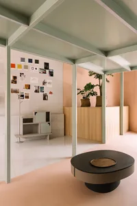 A minimalist living room with a low wooden table, a green plant, and various decor items.