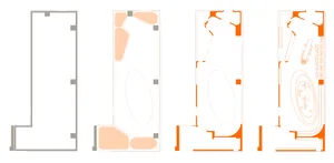 Simplified architectural design with lines and outlines representing a modern interior space.