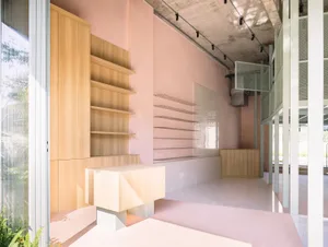 Modern retail shop interior with wooden shelves, concrete walls, and pink flooring.