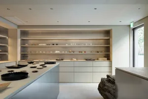 Modern retail store featuring concrete shelves and minimalist design