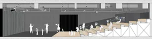 A theatrical space with a stage area, seating, and various props and equipment.