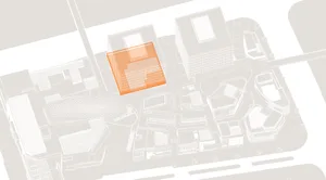 Floor plan of a modern urban center featuring a glass building.