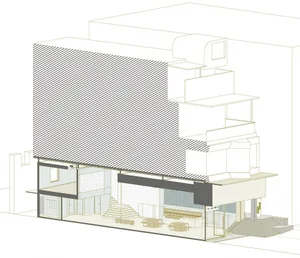 Cross-sectional view of a modern building's interior, showcasing various architectural elements and functions.