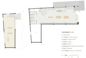 Floor plan of a retail store with a modern, industrial aesthetic featuring polished concrete floors.