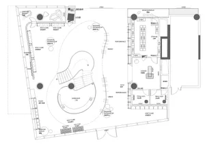 A black and white detailed architectural floor plan of a golf club showroom with various functional zones.