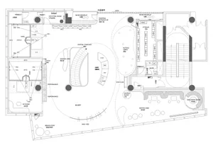 Floor plan of a golf course featuring concrete, metal, and glass materials.