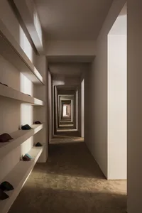 極簡走廊擁有混凝土牆面與地板，呈現狹長的空間格局。