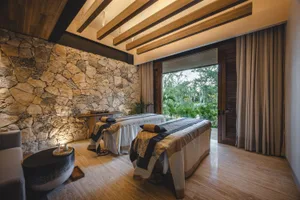 A modern spa suite featuring stone and wood materials, with a view of lush greenery outside.