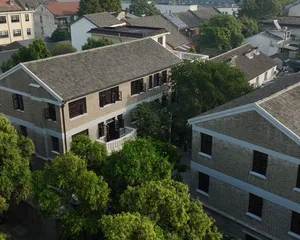 Aerial view of a residential area with brick and stone buildings.