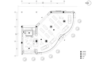 A floor plan diagram of a commercial space showing various functional zones including sales areas, open洽谈, lounge, and parkin