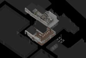 Isometric view of an industrial restaurant interior with wooden flooring and industrial aesthetic