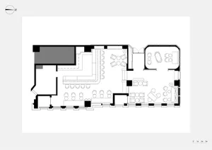 A detailed architectural layout of a modern restaurant interior, featuring contemporary furniture and design elements.
