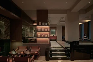 A modern restaurant with a marble interior