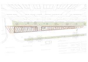 A detailed architectural drawing of a modern storefront with a wooden frame.