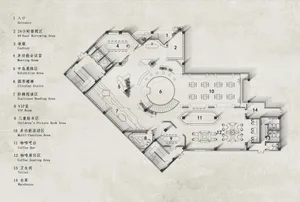 Library floor plan with designated rooms for entrance, borrowing area, cashier, meeting room, exhibition area, circular stair