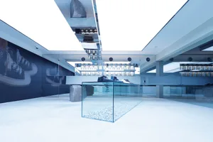 Modern minimalist retail space showcases innovative concrete and emerging materials.